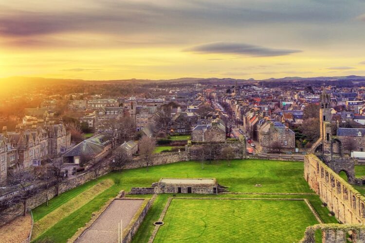 Landscape view of St Andrews at sunset
